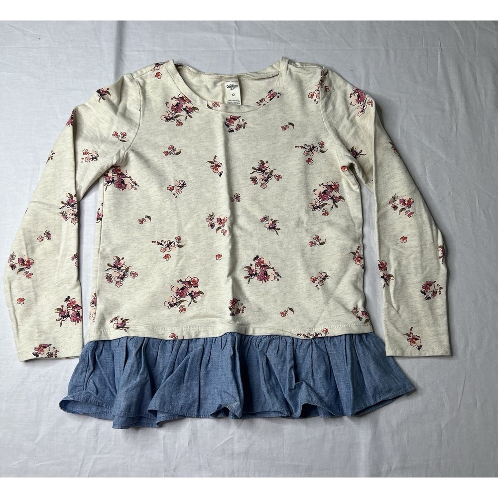 Oshkosh B Gosh Floral Long Sleeve Top with Denim Ruffle, Size 12
